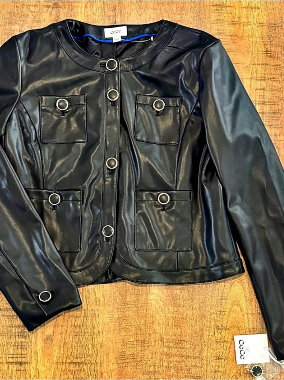 CeCe Black Vegan Leather w/ Gold Ring-Button Jacket